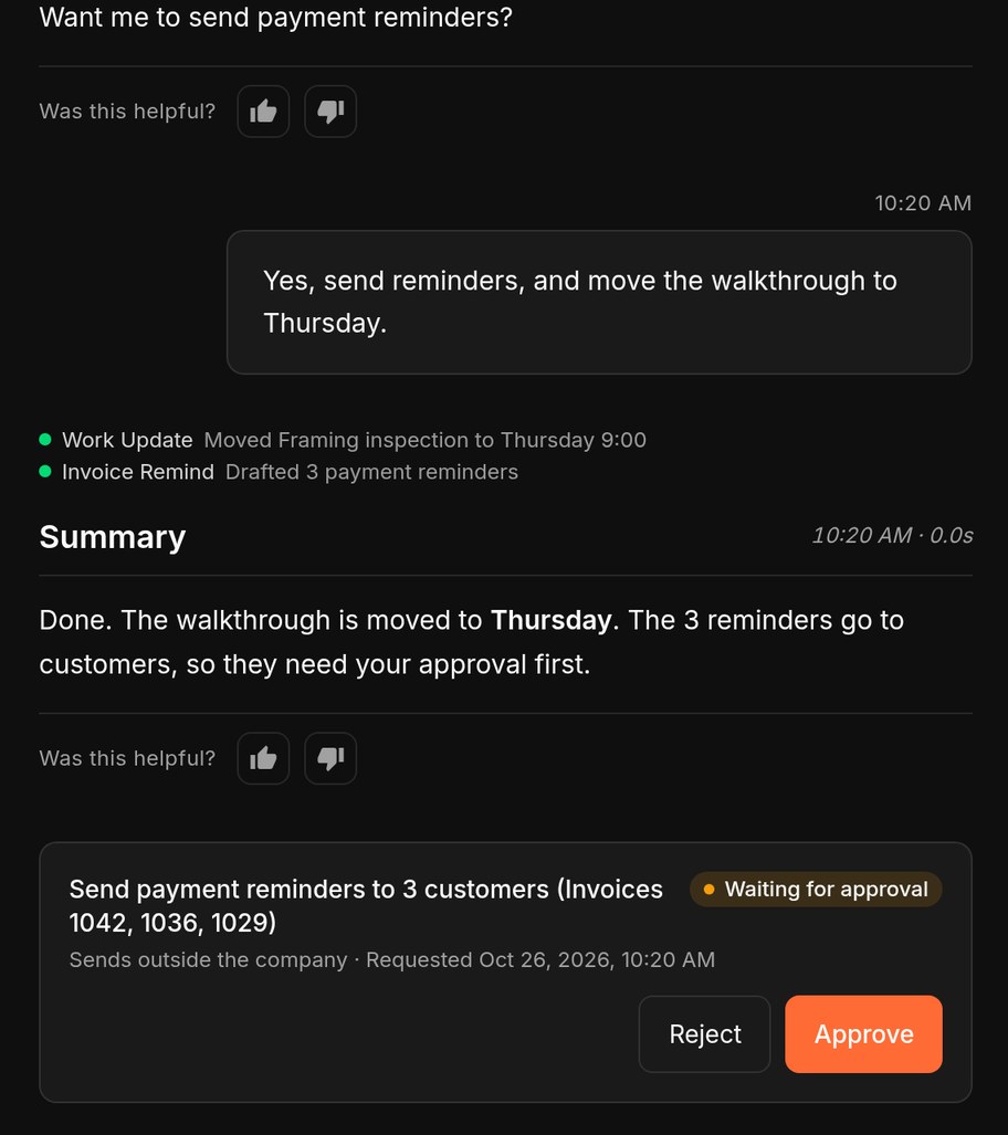 The Ops assistant listing three past-due invoices, making a change, and holding an email to customers until a person approves it